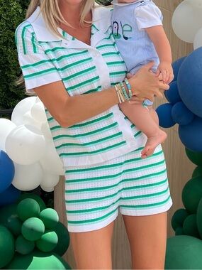 Striped Green & White Knit Short Set
